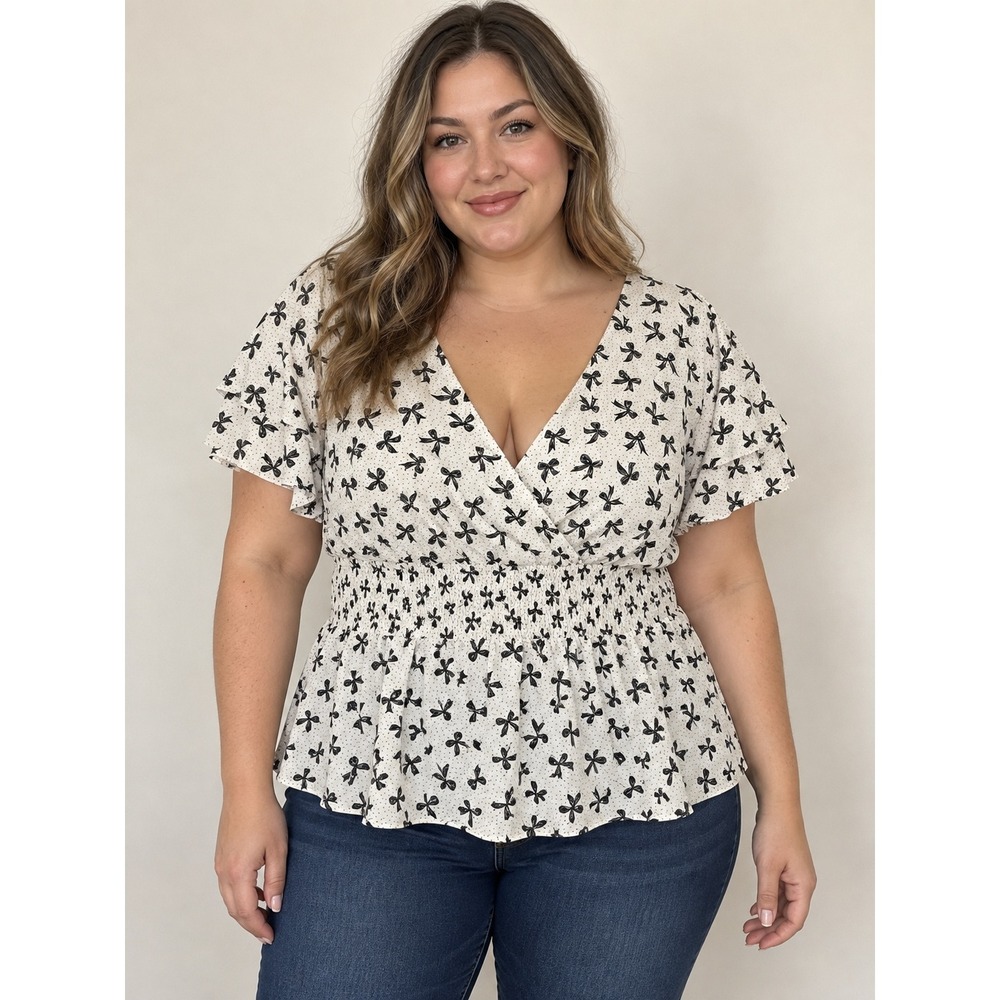 Sweet Rain Bow Print Smocked Peplum Top White Black 2X TP14453-F30